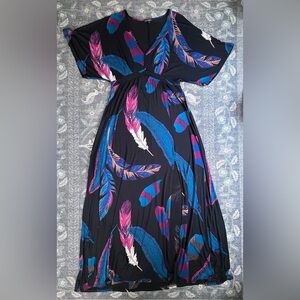 Express Black Maxi Dress with Pink and Blue Feather Print